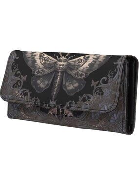 Women's Gothic Floral Moth Purse Black PU Leather Slim Wallet Long Trifold Purse